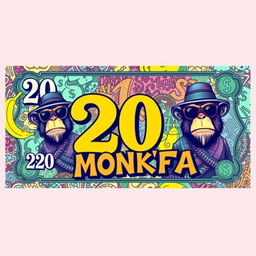 A whimsical banknote featuring a design for '20 Monkey Mafia Stamps', illustrated in vibrant chromatic colors