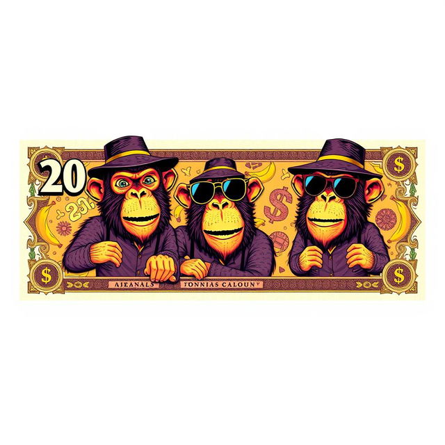 A whimsical banknote featuring a design for '20 Monkey Mafia Stamps', illustrated in vibrant chromatic colors