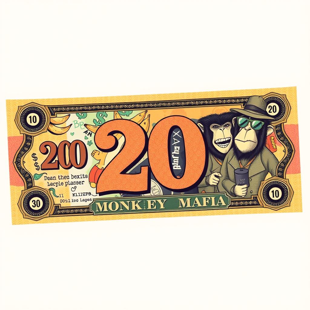 A whimsical banknote featuring a design for '20 Monkey Mafia Stamps', illustrated in vibrant chromatic colors