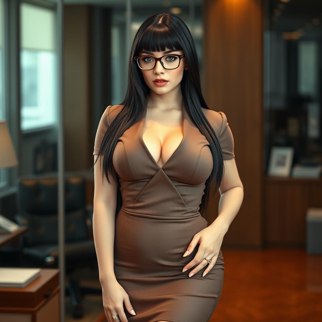 A captivating MILF female boss of Russian ethnicity, showcasing a curvy and muscular body type with a flat stomach, small breasts, and a small butt