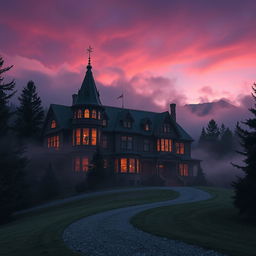 A haunting and captivating scene of Evergreen Manor in Colorado, an exquisite yet eerie mansion set against the backdrop of the Rocky Mountains