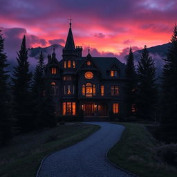 A haunting and captivating scene of Evergreen Manor in Colorado, an exquisite yet eerie mansion set against the backdrop of the Rocky Mountains