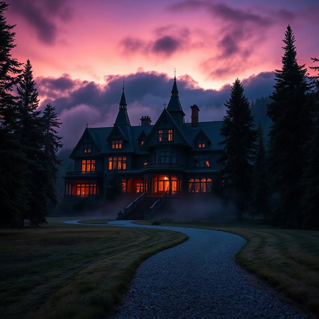 A haunting and captivating scene of Evergreen Manor in Colorado, an exquisite yet eerie mansion set against the backdrop of the Rocky Mountains