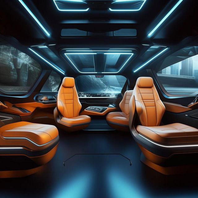 The seats inside the driver's cabin of a 4-door, state-of-the-art futuristic SUV, exuding luxurious comfort and a modern aesthetic.