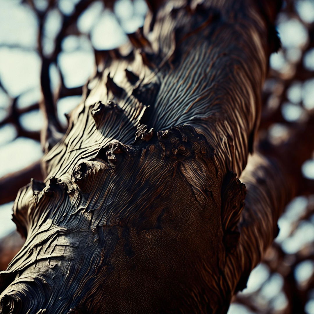 Closeup photograph capturing the intricate details of a gum tree's bark, revealing a complex tapestry of textures and colors.