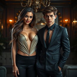 A sexy woman with an alluring look, wearing an elegant and slightly provocative outfit, standing confidently next to a submissive young man in a fitted outfit, showcasing a dynamic of power exchange