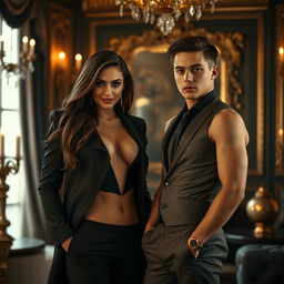 A sexy woman with an alluring look, wearing an elegant and slightly provocative outfit, standing confidently next to a submissive young man in a fitted outfit, showcasing a dynamic of power exchange