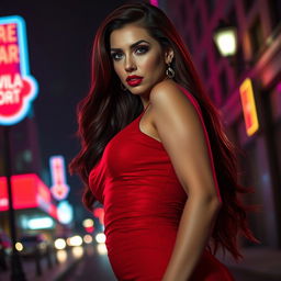 Scarlett Vixen, a dangerously voluptuous femme fatale with luscious lips, seductive expression, and curves accentuating her alluring figure