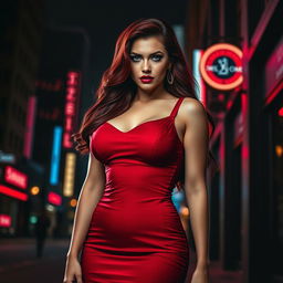 Scarlett Vixen, a dangerously voluptuous femme fatale with luscious lips, seductive expression, and curves accentuating her alluring figure