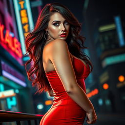 Scarlett Vixen, a dangerously voluptuous femme fatale with luscious lips, seductive expression, and curves accentuating her alluring figure