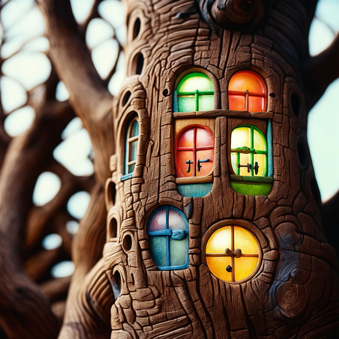 Closeup photograph of a gum tree's bark with whimsical windows nestled within its grooves, creating a fantastical treehouse effect.