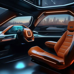 The seats inside the driver's cabin of a 4-door, state-of-the-art futuristic SUV, exuding luxurious comfort and a modern aesthetic.