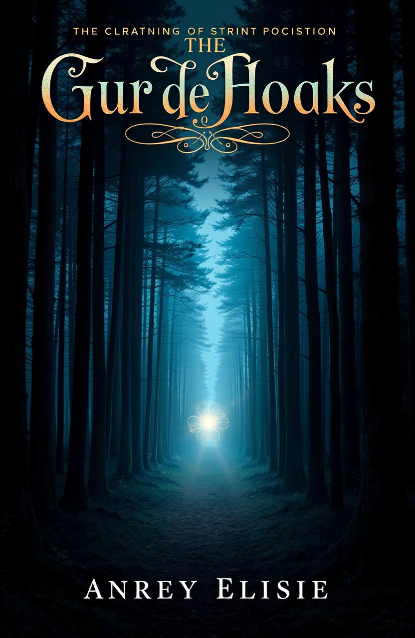 A captivating book cover design featuring a mysterious forest at twilight, where tall, dark trees loom on either side and a faint path leads into the depths of the woods