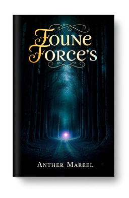 A captivating book cover design featuring a mysterious forest at twilight, where tall, dark trees loom on either side and a faint path leads into the depths of the woods