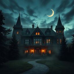 A mysterious and atmospheric depiction of Reverend Green's Manor in Colorado, an old mansion with distinct Victorian architecture, featuring intricate woodwork and majestic spires