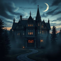 A mysterious and atmospheric depiction of Reverend Green's Manor in Colorado, an old mansion with distinct Victorian architecture, featuring intricate woodwork and majestic spires