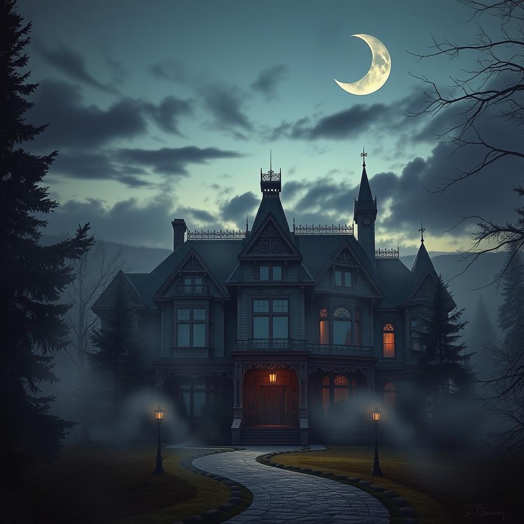 A mysterious and atmospheric depiction of Reverend Green's Manor in Colorado, an old mansion with distinct Victorian architecture, featuring intricate woodwork and majestic spires