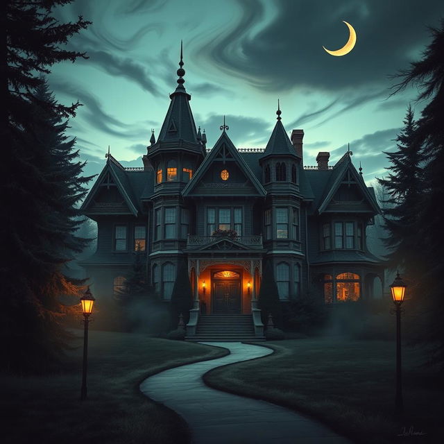 A mysterious and atmospheric depiction of Reverend Green's Manor in Colorado, an old mansion with distinct Victorian architecture, featuring intricate woodwork and majestic spires