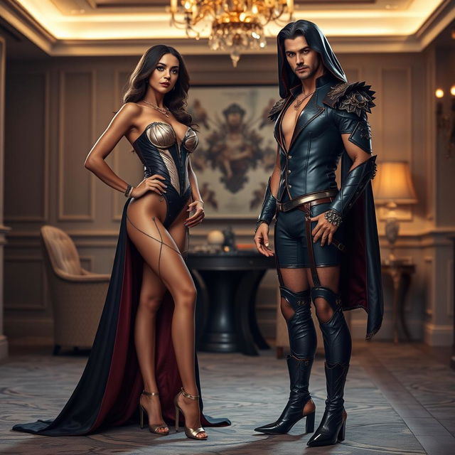 A seductive woman in a stylishly designed outfit, standing confidently beside a submissive male character dressed in a unique yet fashionable submissive costume