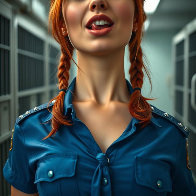 A close-up on the chest and torso of a gorgeous female police officer with striking redhead pigtails