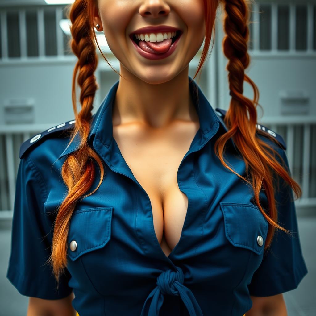 Close-up on the chest and torso of a gorgeous female police officer with striking redhead pigtails