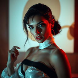 A strikingly attractive woman showcasing confidence and allure, illuminated by soft, ambient lighting