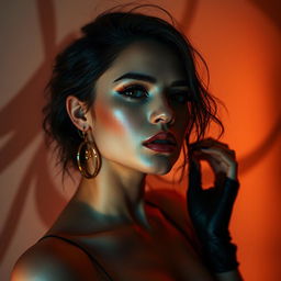 A strikingly attractive woman showcasing confidence and allure, illuminated by soft, ambient lighting