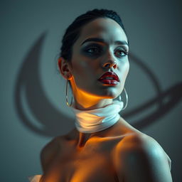 A strikingly attractive woman showcasing confidence and allure, illuminated by soft, ambient lighting