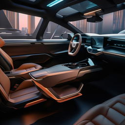 The seats inside the driver's cabin of a 4-door, state-of-the-art futuristic SUV, exuding luxurious comfort and a modern aesthetic.