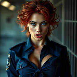 A close-up of a gorgeous female police officer with striking red frizzy hair, wearing a blue police shirt that is tied at the front, accentuating her medium chest and subtle cleavage