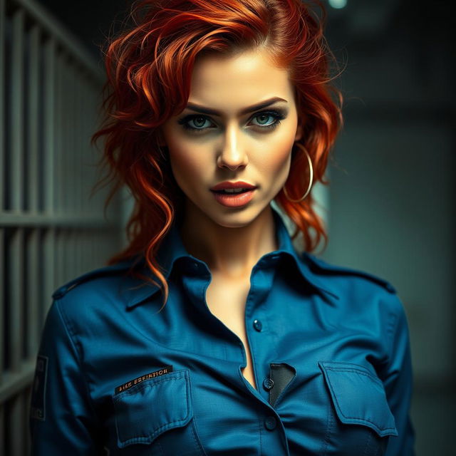 A close-up of a gorgeous female police officer with striking red frizzy hair, wearing a blue police shirt that is tied at the front, accentuating her medium chest and subtle cleavage