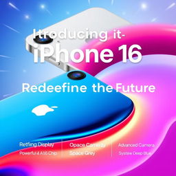 A vibrant promotional poster for the iPhone 16, showcasing its sleek design, vibrant colors, and advanced features
