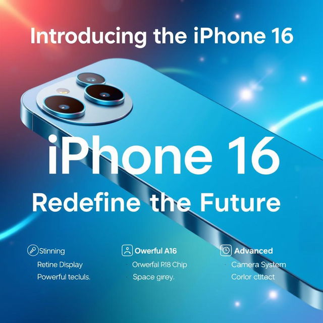 A vibrant promotional poster for the iPhone 16, showcasing its sleek design, vibrant colors, and advanced features