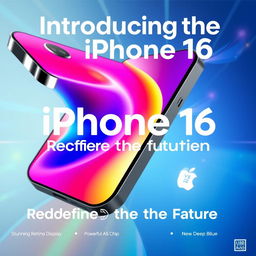 A vibrant promotional poster for the iPhone 16, showcasing its sleek design, vibrant colors, and advanced features