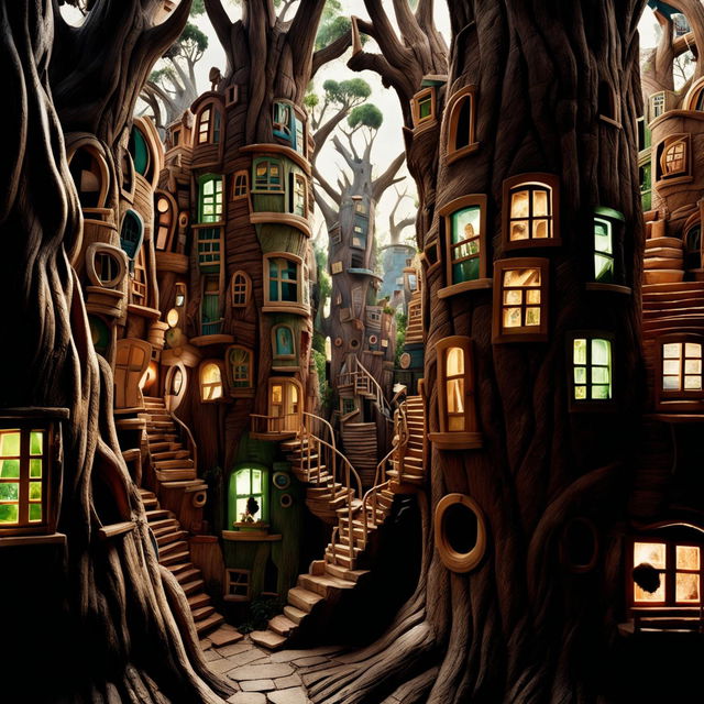 Cityscape photograph of a gum tree's bark transformed into towering buildings with whimsical windows and tiny silhouettes, creating a bustling treehouse metropolis.