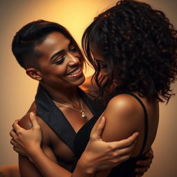 An intimate and artistic portrayal of a confident woman in a stylish outfit playfully engaging in a dominant role with her partner