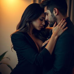An intimate and artistic portrayal of a confident woman in a stylish outfit playfully engaging in a dominant role with her partner