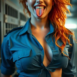 A close-up shot focusing on the chest and torso of a gorgeous female police officer with vibrant red frizzy hair