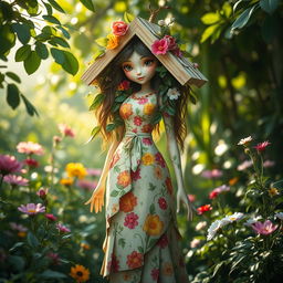 An artistic representation of a whimsical female figure created from elements resembling a garden shed, blending nature with femininity