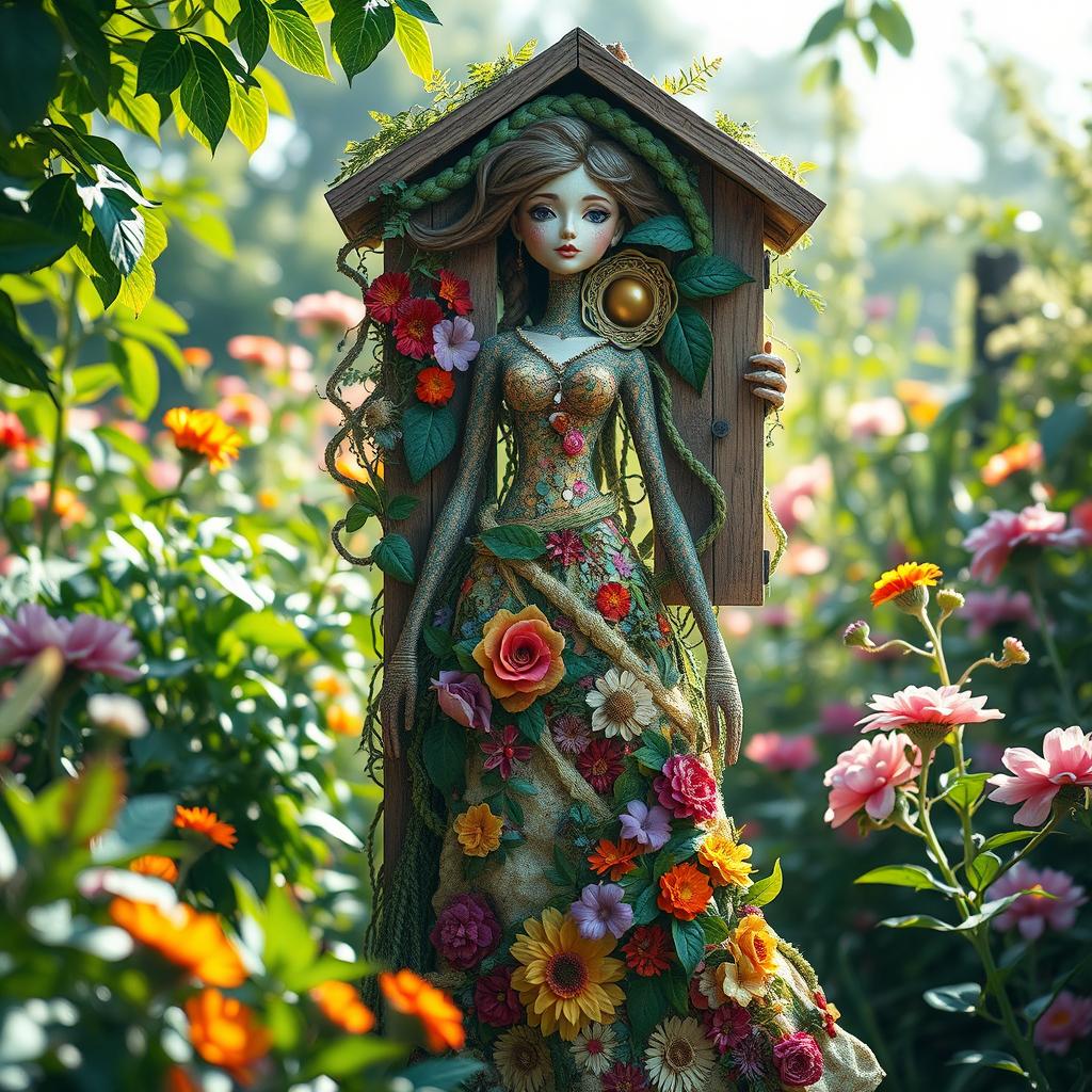 An artistic representation of a whimsical female figure created from elements resembling a garden shed, blending nature with femininity