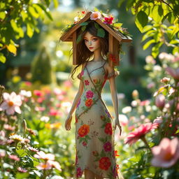 An artistic representation of a whimsical female figure created from elements resembling a garden shed, blending nature with femininity