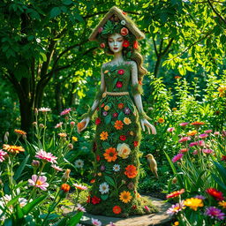 An artistic representation of a whimsical female figure created from elements resembling a garden shed, blending nature with femininity