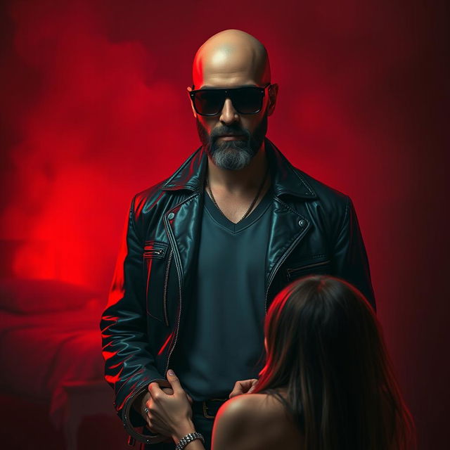 A realistic depiction of a bald man with a well-groomed black beard, wearing dark sunglasses and a stylish leather jacket