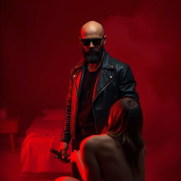 A realistic depiction of a bald man with a well-groomed black beard, wearing dark sunglasses and a stylish leather jacket