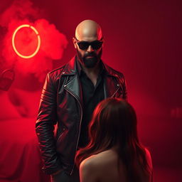 A realistic depiction of a bald man with a well-groomed black beard, wearing dark sunglasses and a stylish leather jacket