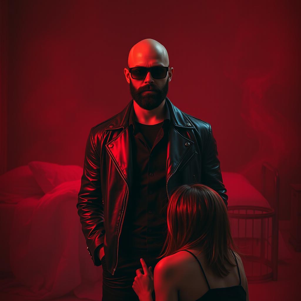 A realistic depiction of a bald man with a well-groomed black beard, wearing dark sunglasses and a stylish leather jacket