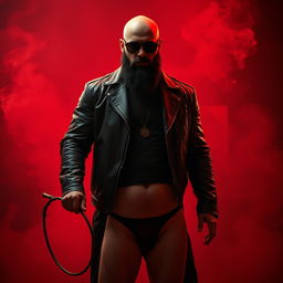 A realistic bald man with a thick black beard and dark sunglasses, wearing a fitted leather jacket