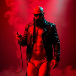 A realistic bald man with a thick black beard and dark sunglasses, wearing a fitted leather jacket