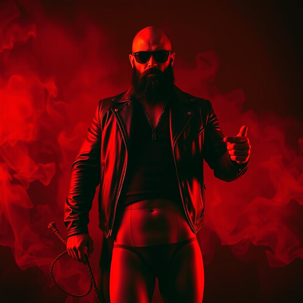 A realistic bald man with a thick black beard and dark sunglasses, wearing a fitted leather jacket