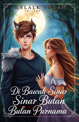 A romantic fantasy book cover titled 'Di Bawah Sinar Bulan Purnama' featuring a mystical full moon illuminating the scene